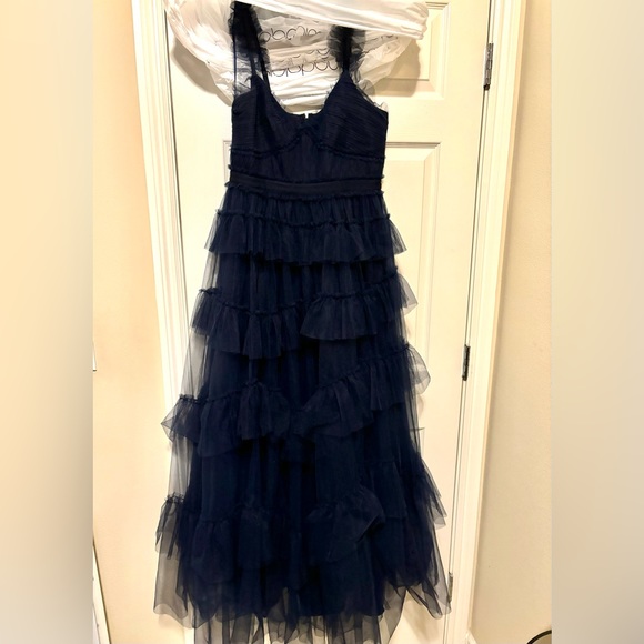 BCBGMAXAZRIA Evening Ruffled Gown, navy tiered tulle - Picture 3 of 13